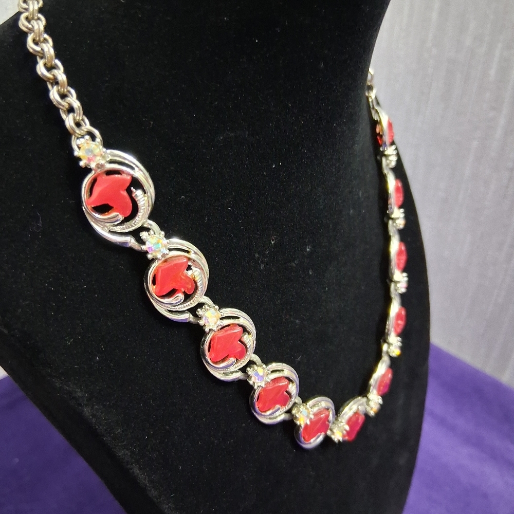 Vintage Charel Cherry Moonglow Necklace Thermoset Hook Closure Silvertone - Picture 16 of 17